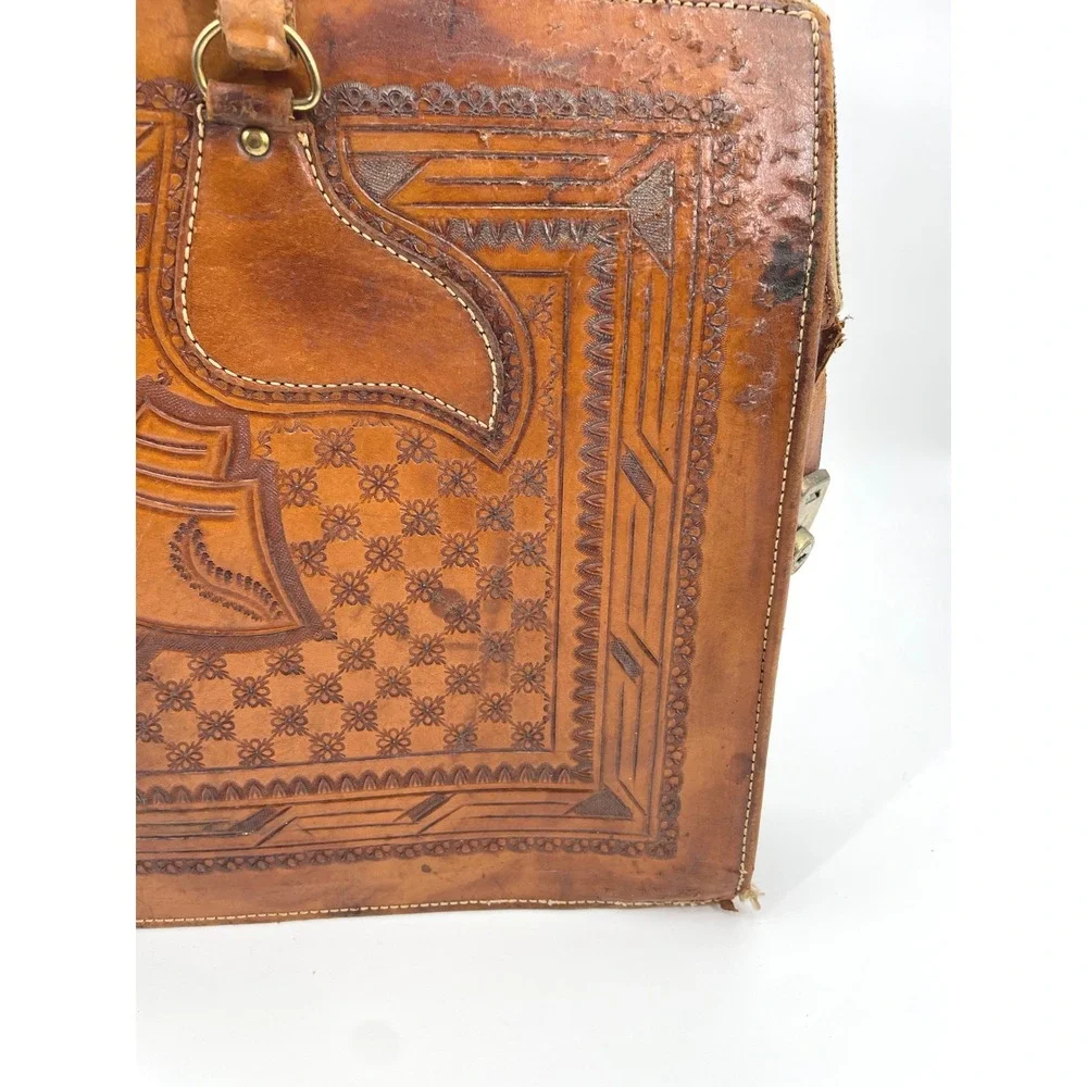 Vintage Mexican Hand Tooled Leather Briefcase - Aztec Sun Stone & Eagle -‎ As-Is